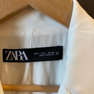 White ZARA sleeveless blazer dress with gold buttons.